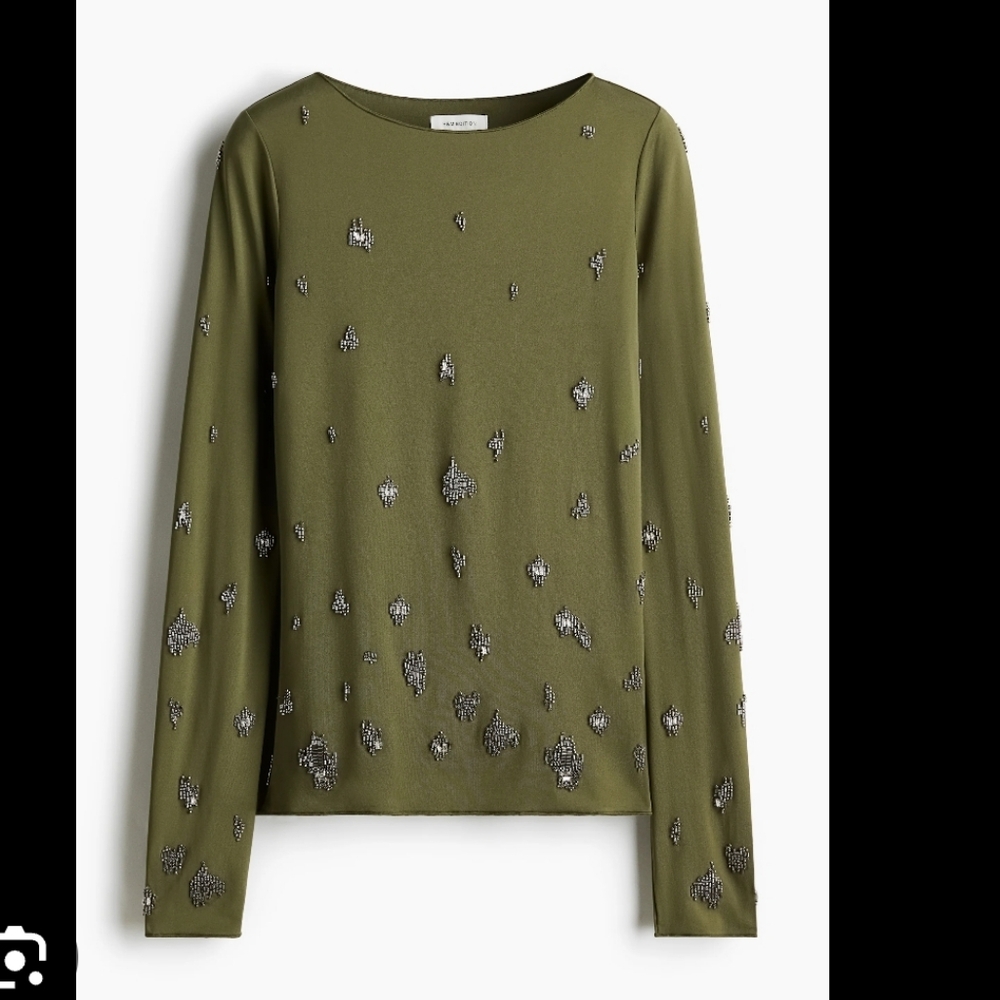 H&M Edition Olive Long Sleeve Top with Silver Beaded Embellishments.  US Small